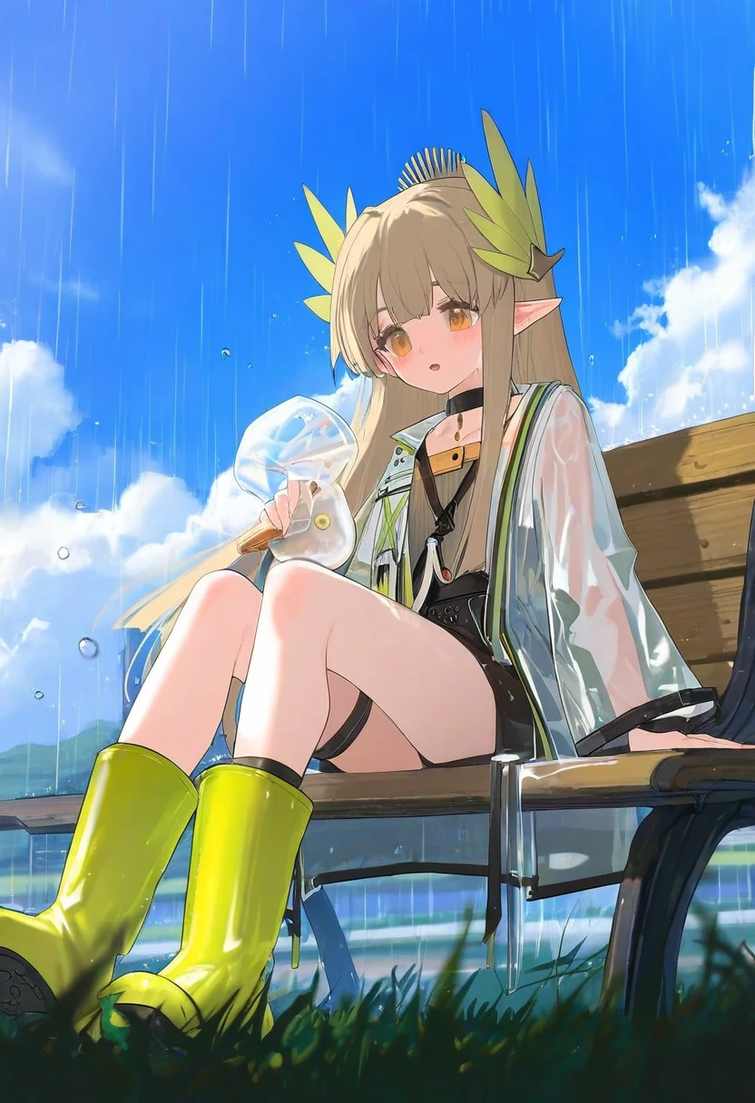 ((xssh)),(observerz),[kedama milk],[ask \(askzy\)],(mikaze oto),[ciloranko],[ponzu\(catponz\)], - 1girl,muelsyse \(arknights\),arknights,cloudy sky,grass,on bench,outdoors,rain,road,yellow rubber boots,see-through coat,sitting,transparent raincoat,water drop,