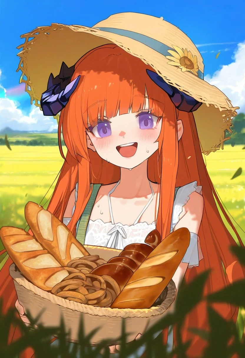 ((xssh)),(observerz),[kedama milk],[ask \(askzy\)],(mikaze oto),[ciloranko],[ponzu\(catponz\)], - 1girl,bagpipe \(arknights\),arknights,baguette,blush,bread,croissant,holding basket,pretzel,upper body,straw hat,field,sky,laughing,sweat,sunlight,