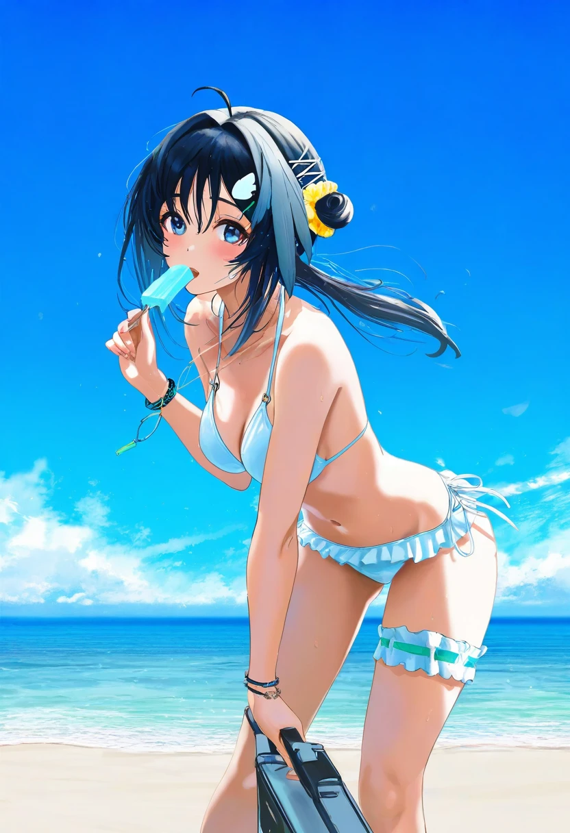 ((si10ra)),[[gusha s,wanke,yoneyama mai,wlop,silvertsuki,hiro \(dismaless\)]], - 1girl,la pluma \(summer flowers\) \(arknights\),arknights,white bikini,outdoors,navel,day,sky,blue sky,beach,suitcase,looking at viewer,ocean,low-tied long hair,leaning forward,standing,holding,frills,hand up,bare shoulders,floating hair,