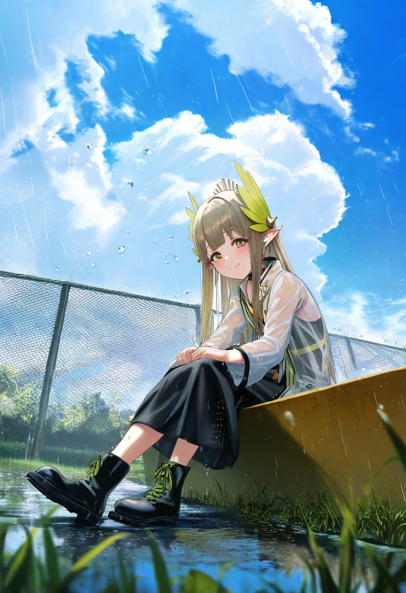 ((si10ra)),[[gusha s,wanke,yoneyama mai,wlop,silvertsuki,hiro \(dismaless\)]], - 1girl,muelsyse \(arknights\),arknights,cloudy sky,grass,on bench,outdoors,rain,road,yellow rubber boots,see-through coat,sitting,transparent raincoat,water drop,
