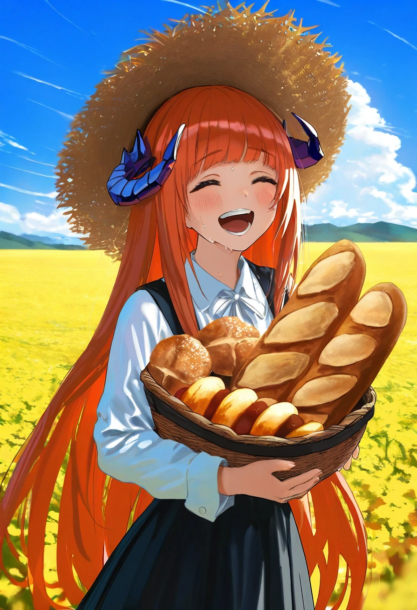 ((si10ra)),[[gusha s,wanke,yoneyama mai,wlop,silvertsuki,hiro \(dismaless\)]], - 1girl,bagpipe \(arknights\),arknights,baguette,blush,bread,croissant,holding basket,pretzel,upper body,straw hat,field,sky,laughing,sweat,sunlight,
