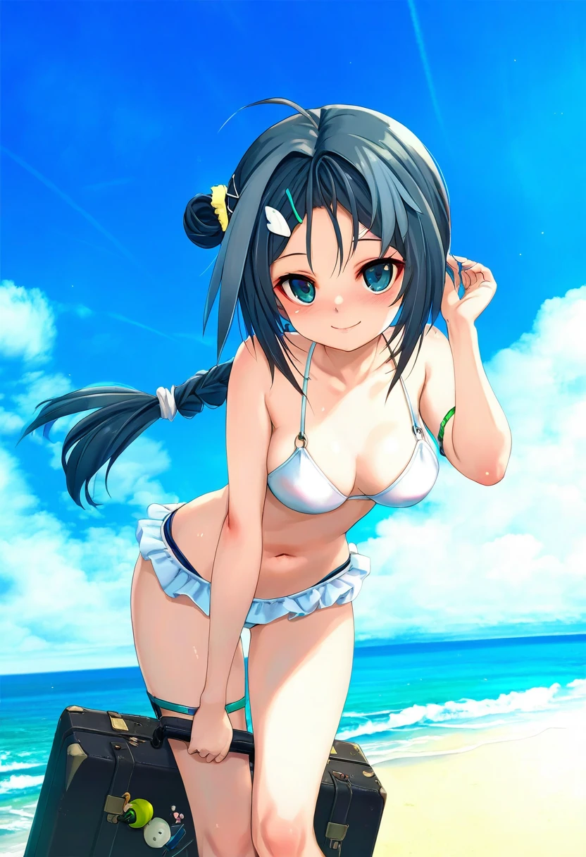 ((hitomaru)),[menyoujan,chen bin],[[tsubasa tsubasa]],[[[kedama milk,redrop,aki99]]], - 1girl,la pluma \(summer flowers\) \(arknights\),arknights,white bikini,outdoors,navel,day,sky,blue sky,beach,suitcase,looking at viewer,ocean,low-tied long hair,leaning forward,standing,holding,frills,hand up,bare shoulders,floating hair,