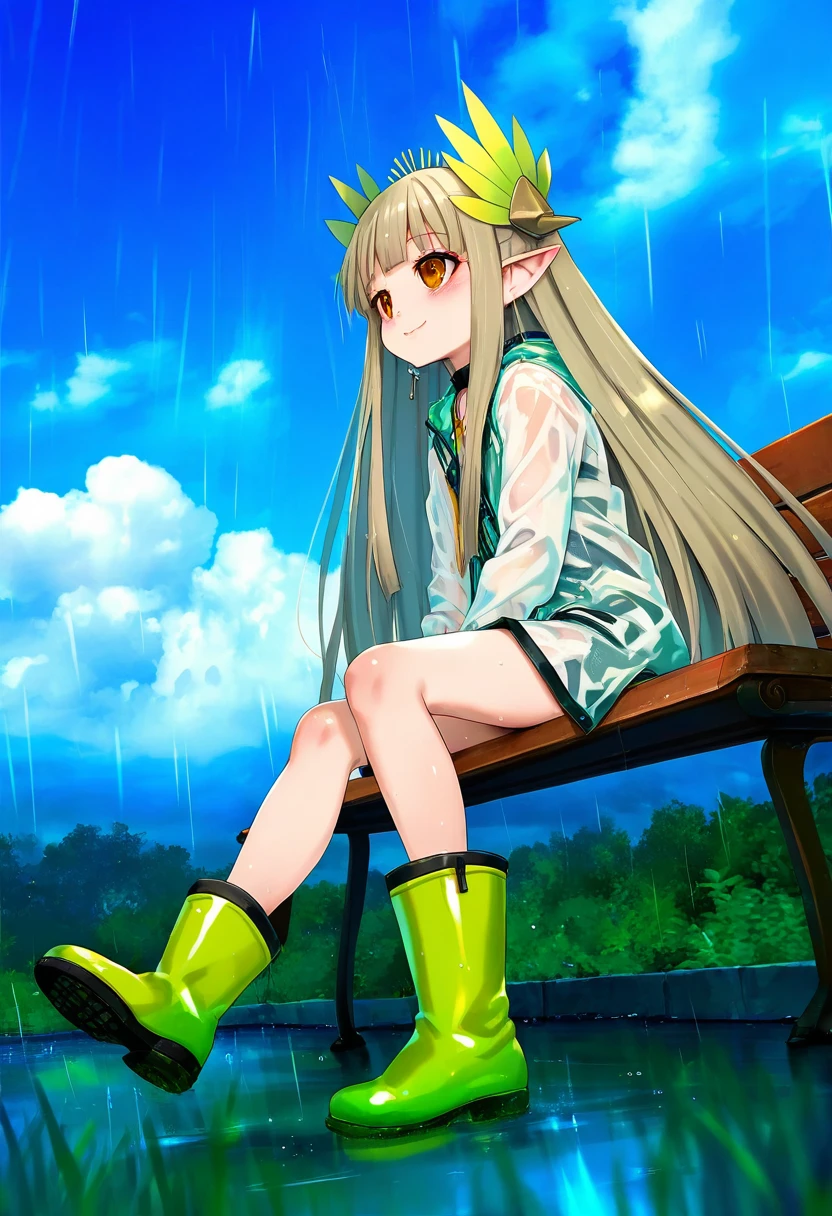 ((hitomaru)),[menyoujan,chen bin],[[tsubasa tsubasa]],[[[kedama milk,redrop,aki99]]], - 1girl,muelsyse \(arknights\),arknights,cloudy sky,grass,on bench,outdoors,rain,road,yellow rubber boots,see-through coat,sitting,transparent raincoat,water drop,
