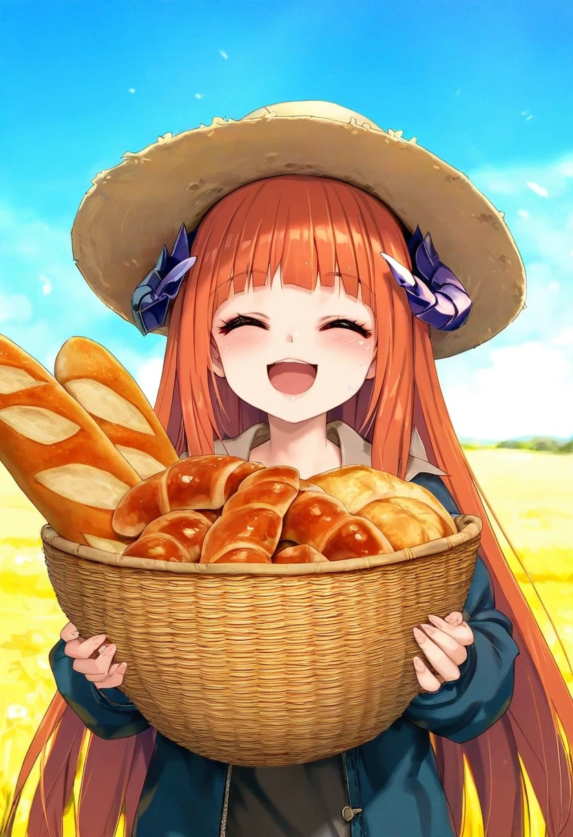 ((hitomaru)),[menyoujan,chen bin],[[tsubasa tsubasa]],[[[kedama milk,redrop,aki99]]], - 1girl,bagpipe \(arknights\),arknights,baguette,blush,bread,croissant,holding basket,pretzel,upper body,straw hat,field,sky,laughing,sweat,sunlight,