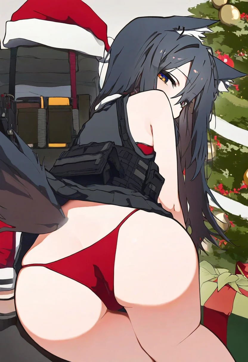 ((mountain han)),[[kahlua]],mochizuki kei,[gin00], - 1girl,texas \(arknights\),arknights,underwear,tactical vest,christmas tree,christmas ornaments,