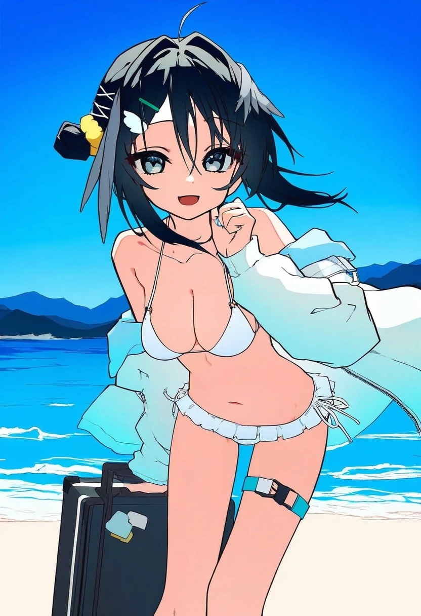 ((mountain han)),[[kahlua]],mochizuki kei,[gin00], - 1girl,la pluma \(summer flowers\) \(arknights\),arknights,white bikini,outdoors,navel,day,sky,blue sky,beach,suitcase,looking at viewer,ocean,low-tied long hair,leaning forward,standing,holding,frills,hand up,bare shoulders,floating hair,
