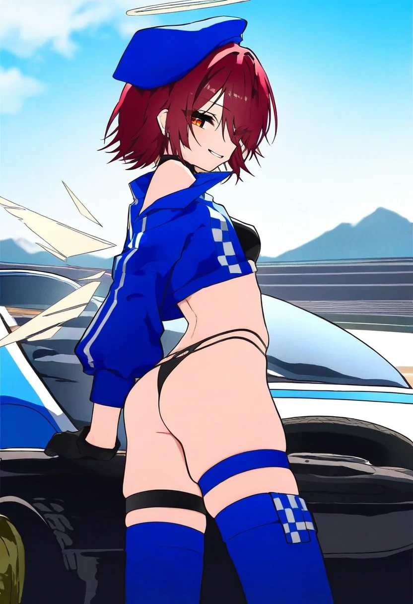 ((mountain han)),[[kahlua]],mochizuki kei,[gin00], - 1girl,exusiai \(arknights\),arknights,black gloves,black panties,blue thigh boots,blue hat,blue jacket,long sleeves,race queen,thigh strap,thong,single bare shoulder,skindentation,tire,