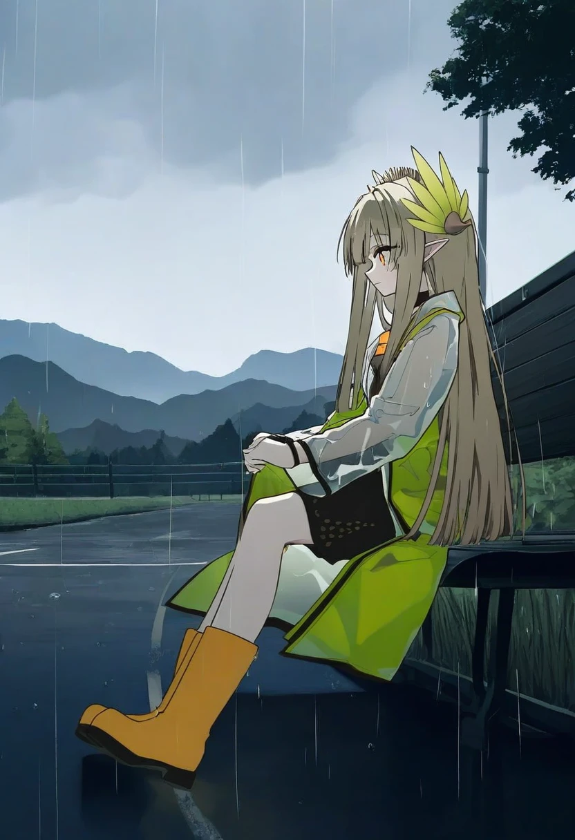 ((mountain han)),[[kahlua]],mochizuki kei,[gin00], - 1girl,muelsyse \(arknights\),arknights,cloudy sky,grass,on bench,outdoors,rain,road,yellow rubber boots,see-through coat,sitting,transparent raincoat,water drop,