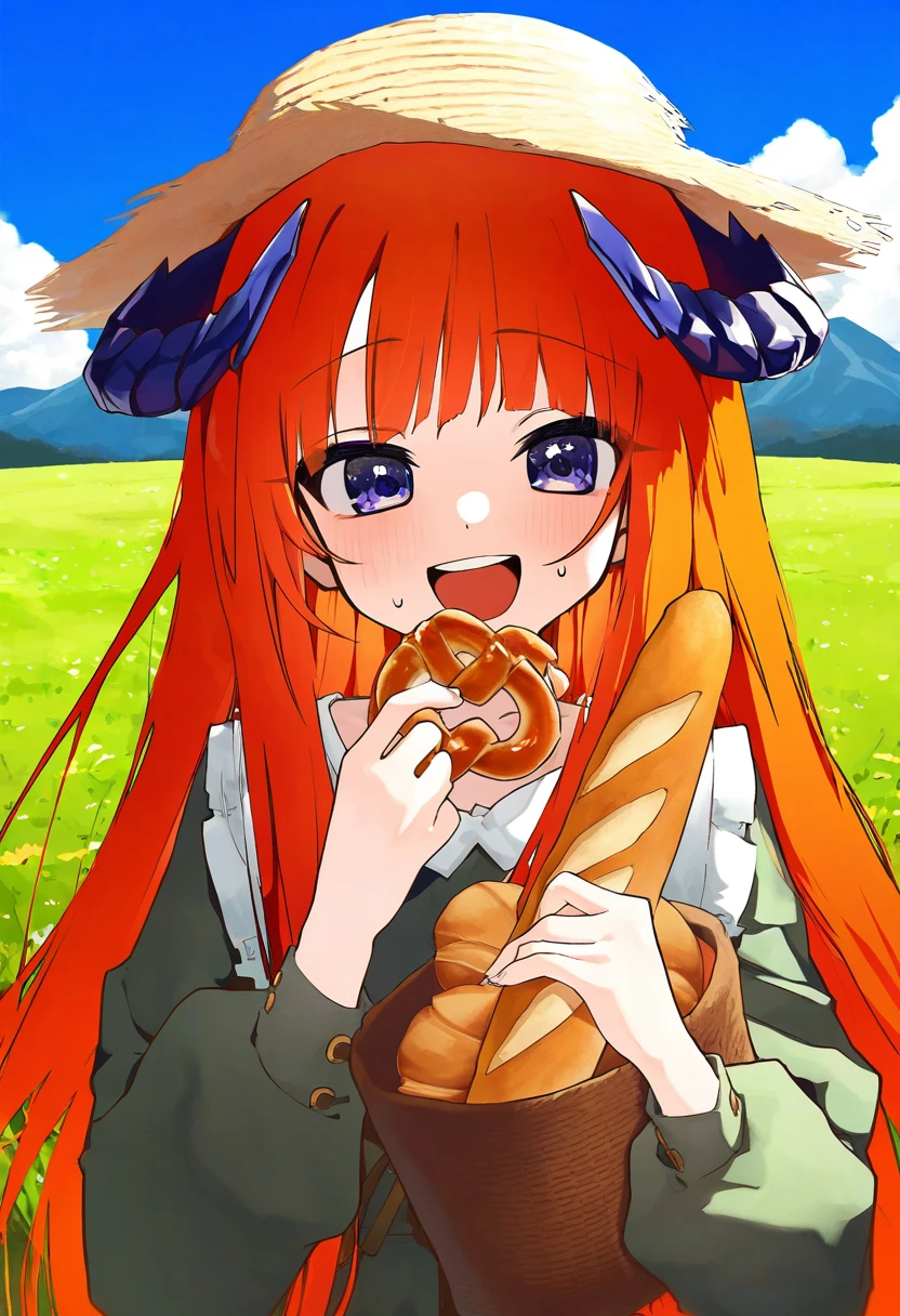 ((mountain han)),[[kahlua]],mochizuki kei,[gin00], - 1girl,bagpipe \(arknights\),arknights,baguette,blush,bread,croissant,holding basket,pretzel,upper body,straw hat,field,sky,laughing,sweat,sunlight,