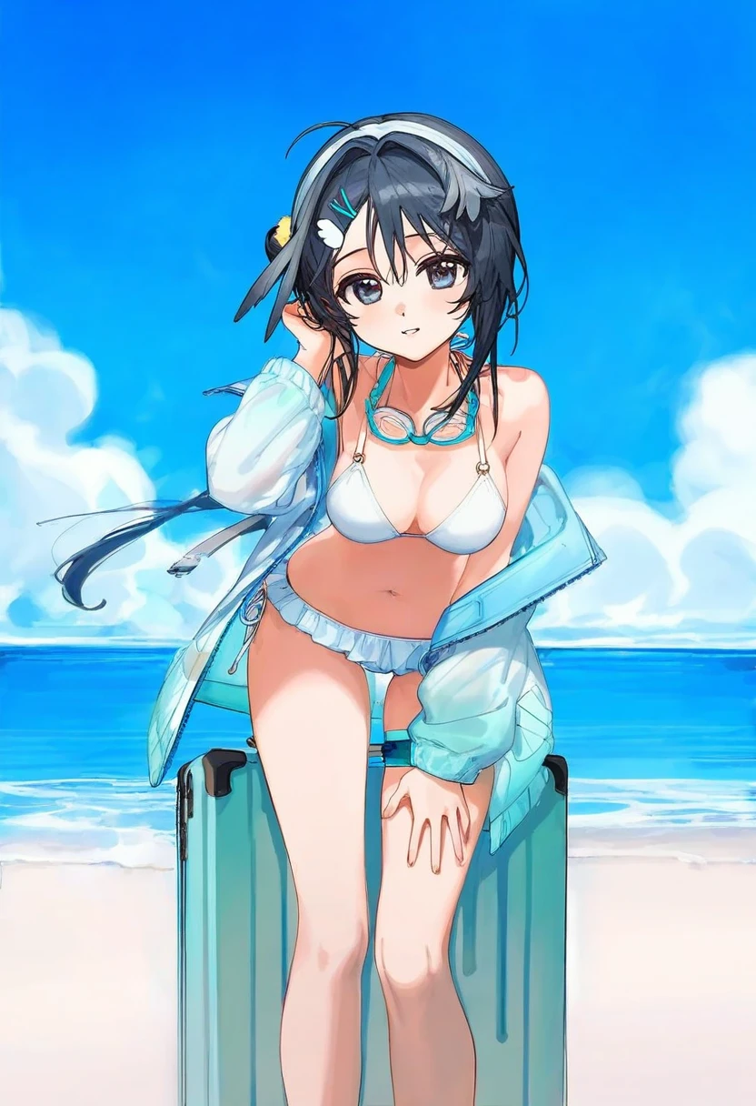 ciloranko,[[[[ame \(uten cancel\)]]]],[[[[muloli \(artist\)]]]], - 1girl,la pluma \(summer flowers\) \(arknights\),arknights,white bikini,outdoors,navel,day,sky,blue sky,beach,suitcase,looking at viewer,ocean,low-tied long hair,leaning forward,standing,holding,frills,hand up,bare shoulders,floating hair,