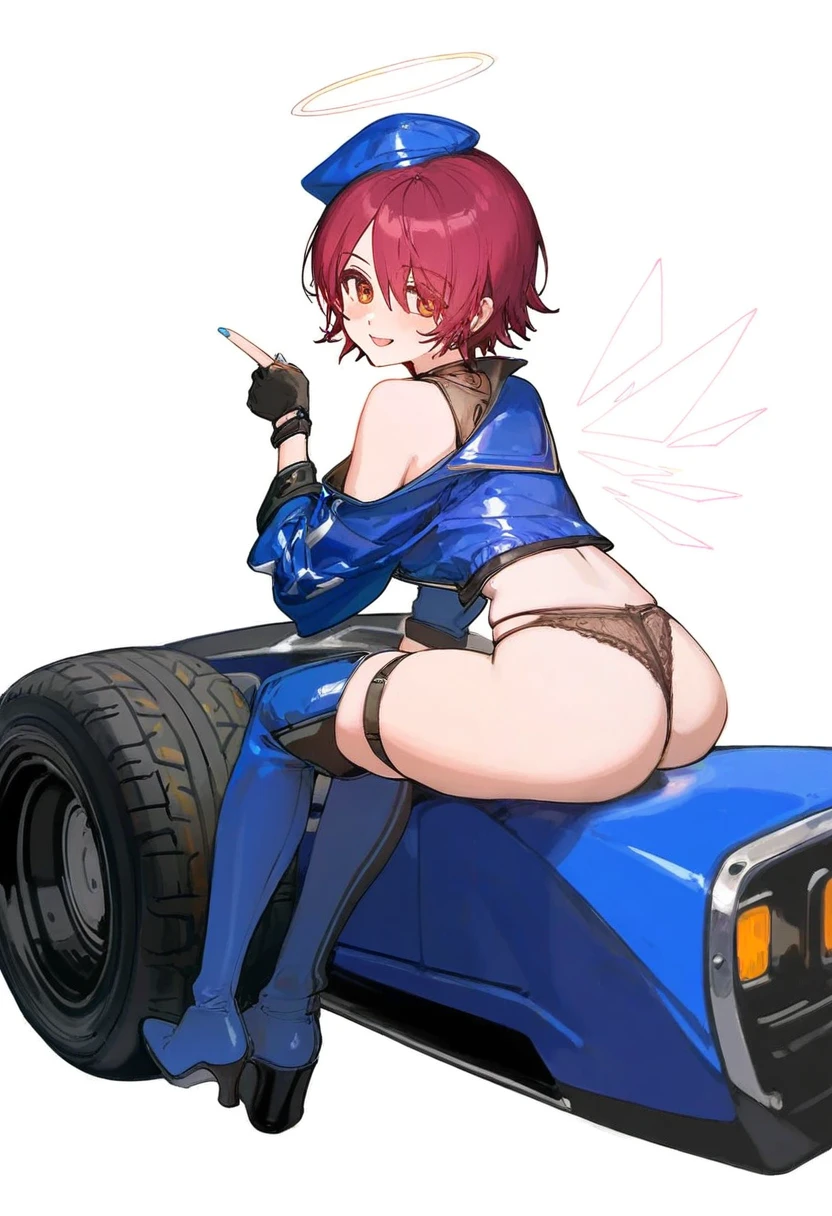 ciloranko,[[[[ame \(uten cancel\)]]]],[[[[muloli \(artist\)]]]], - 1girl,exusiai \(arknights\),arknights,black gloves,black panties,blue thigh boots,blue hat,blue jacket,long sleeves,race queen,thigh strap,thong,single bare shoulder,skindentation,tire,