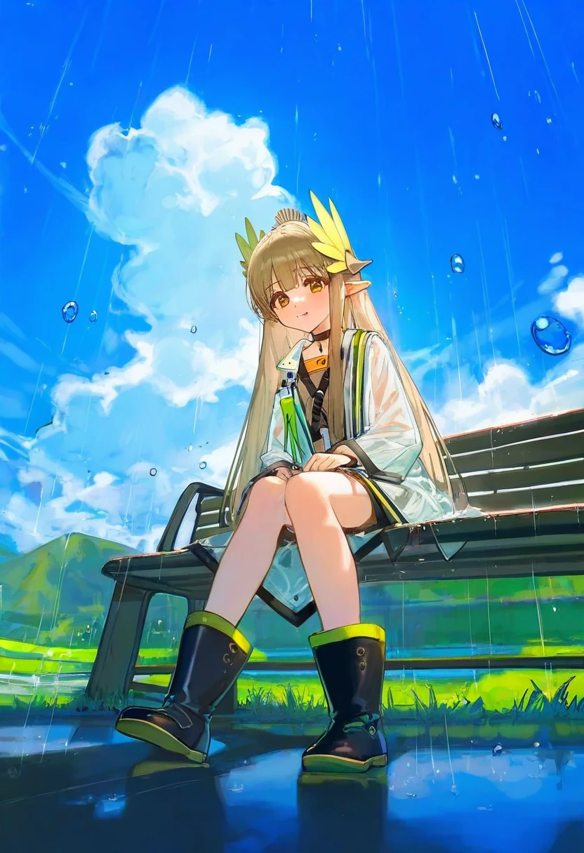 ciloranko,[[[[ame \(uten cancel\)]]]],[[[[muloli \(artist\)]]]], - 1girl,muelsyse \(arknights\),arknights,cloudy sky,grass,on bench,outdoors,rain,road,yellow rubber boots,see-through coat,sitting,transparent raincoat,water drop,
