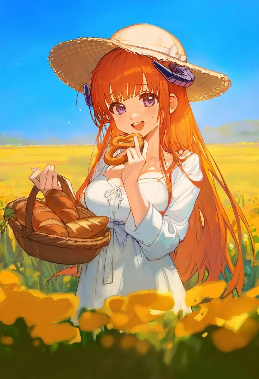 ciloranko,[[[[ame \(uten cancel\)]]]],[[[[muloli \(artist\)]]]], - 1girl,bagpipe \(arknights\),arknights,baguette,blush,bread,croissant,holding basket,pretzel,upper body,straw hat,field,sky,laughing,sweat,sunlight,