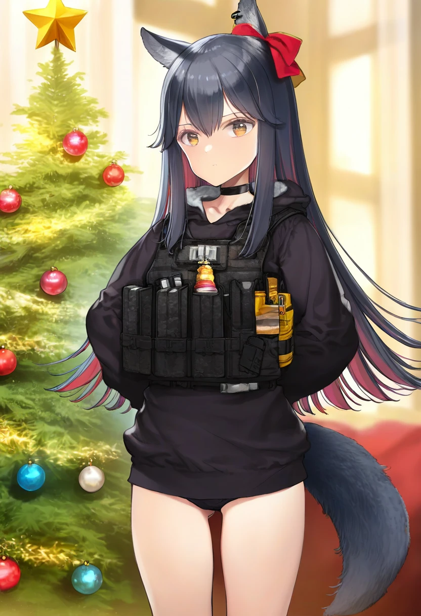 oyari ashito,higeneko,goma satoshi,potetos7,azure \(capriccio\), - 1girl,texas \(arknights\),arknights,underwear,tactical vest,christmas tree,christmas ornaments,