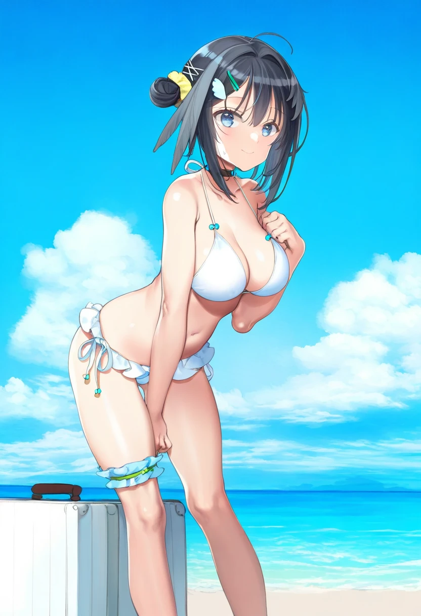 oyari ashito,higeneko,goma satoshi,potetos7,azure \(capriccio\), - 1girl,la pluma \(summer flowers\) \(arknights\),arknights,white bikini,outdoors,navel,day,sky,blue sky,beach,suitcase,looking at viewer,ocean,low-tied long hair,leaning forward,standing,holding,frills,hand up,bare shoulders,floating hair,