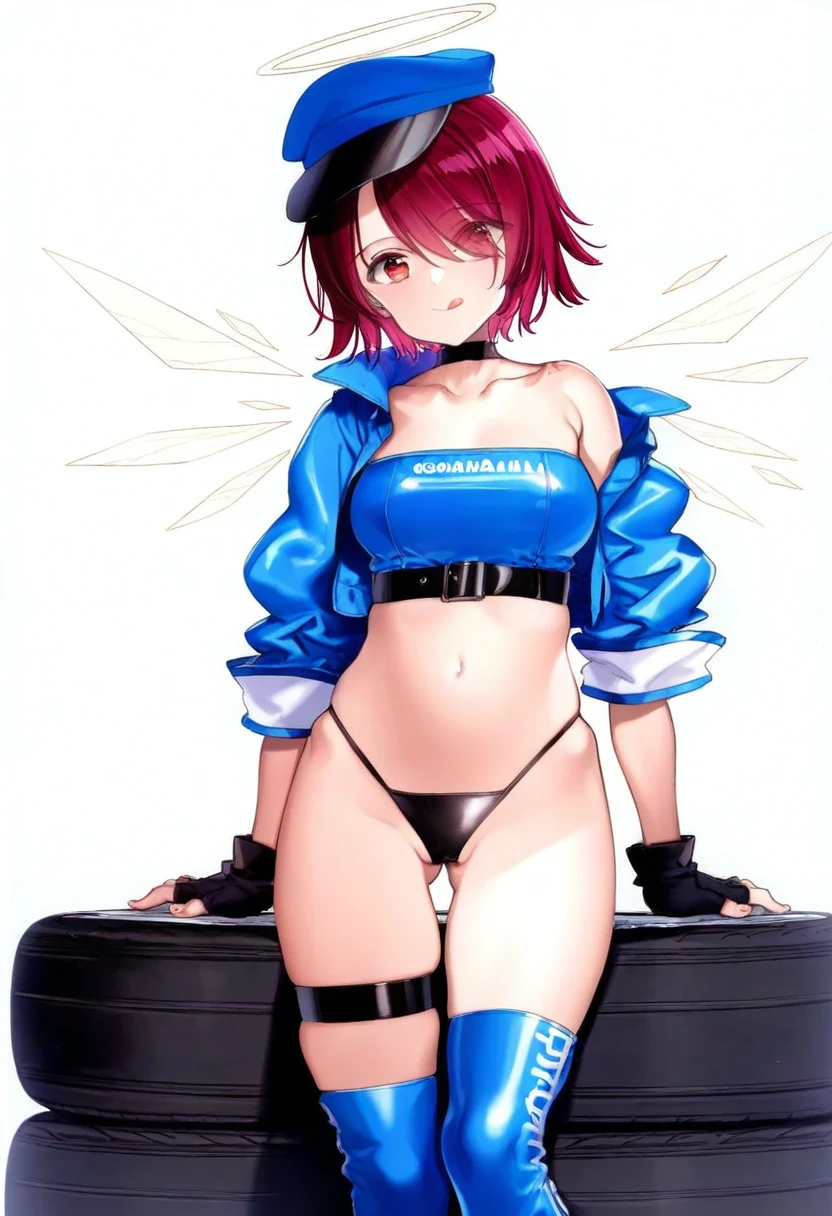 oyari ashito,higeneko,goma satoshi,potetos7,azure \(capriccio\), - 1girl,exusiai \(arknights\),arknights,black gloves,black panties,blue thigh boots,blue hat,blue jacket,long sleeves,race queen,thigh strap,thong,single bare shoulder,skindentation,tire,