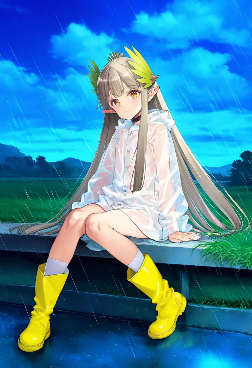 oyari ashito,higeneko,goma satoshi,potetos7,azure \(capriccio\), - 1girl,muelsyse \(arknights\),arknights,cloudy sky,grass,on bench,outdoors,rain,road,yellow rubber boots,see-through coat,sitting,transparent raincoat,water drop,