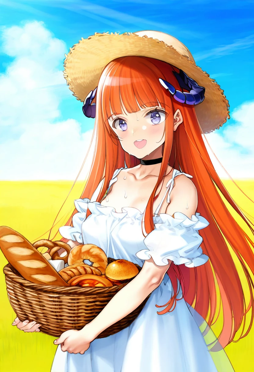 oyari ashito,higeneko,goma satoshi,potetos7,azure \(capriccio\), - 1girl,bagpipe \(arknights\),arknights,baguette,blush,bread,croissant,holding basket,pretzel,upper body,straw hat,field,sky,laughing,sweat,sunlight,