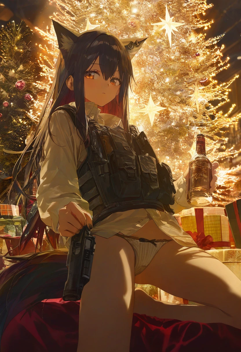 (konya karasue),modare Rella,banishment,(stu dts),(miv4t),(suzumi \(ccroquette\)),(rei \(sanbonzakura\)),(torino aqua), - 1girl,texas \(arknights\),arknights,underwear,tactical vest,christmas tree,christmas ornaments,