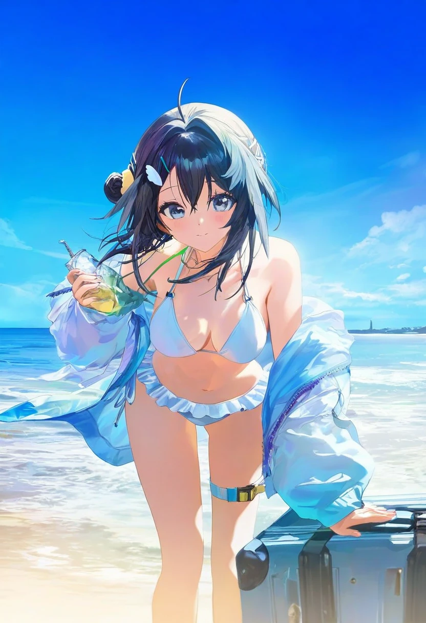 (konya karasue),modare Rella,banishment,(stu dts),(miv4t),(suzumi \(ccroquette\)),(rei \(sanbonzakura\)),(torino aqua), - 1girl,la pluma \(summer flowers\) \(arknights\),arknights,white bikini,outdoors,navel,day,sky,blue sky,beach,suitcase,looking at viewer,ocean,low-tied long hair,leaning forward,standing,holding,frills,hand up,bare shoulders,floating hair,