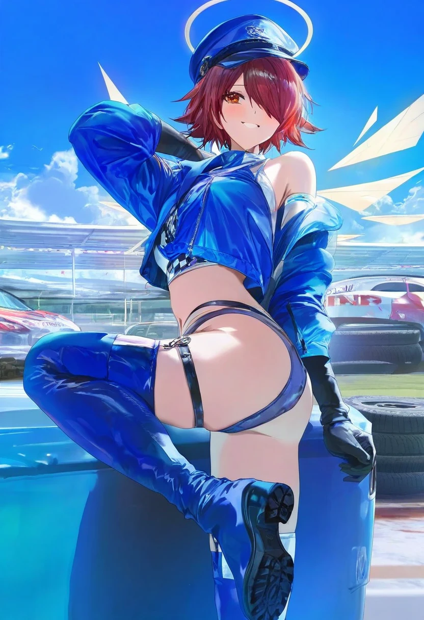 (konya karasue),modare Rella,banishment,(stu dts),(miv4t),(suzumi \(ccroquette\)),(rei \(sanbonzakura\)),(torino aqua), - 1girl,exusiai \(arknights\),arknights,black gloves,black panties,blue thigh boots,blue hat,blue jacket,long sleeves,race queen,thigh strap,thong,single bare shoulder,skindentation,tire,