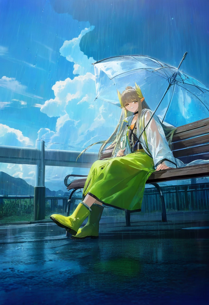 (konya karasue),modare Rella,banishment,(stu dts),(miv4t),(suzumi \(ccroquette\)),(rei \(sanbonzakura\)),(torino aqua), - 1girl,muelsyse \(arknights\),arknights,cloudy sky,grass,on bench,outdoors,rain,road,yellow rubber boots,see-through coat,sitting,transparent raincoat,water drop,