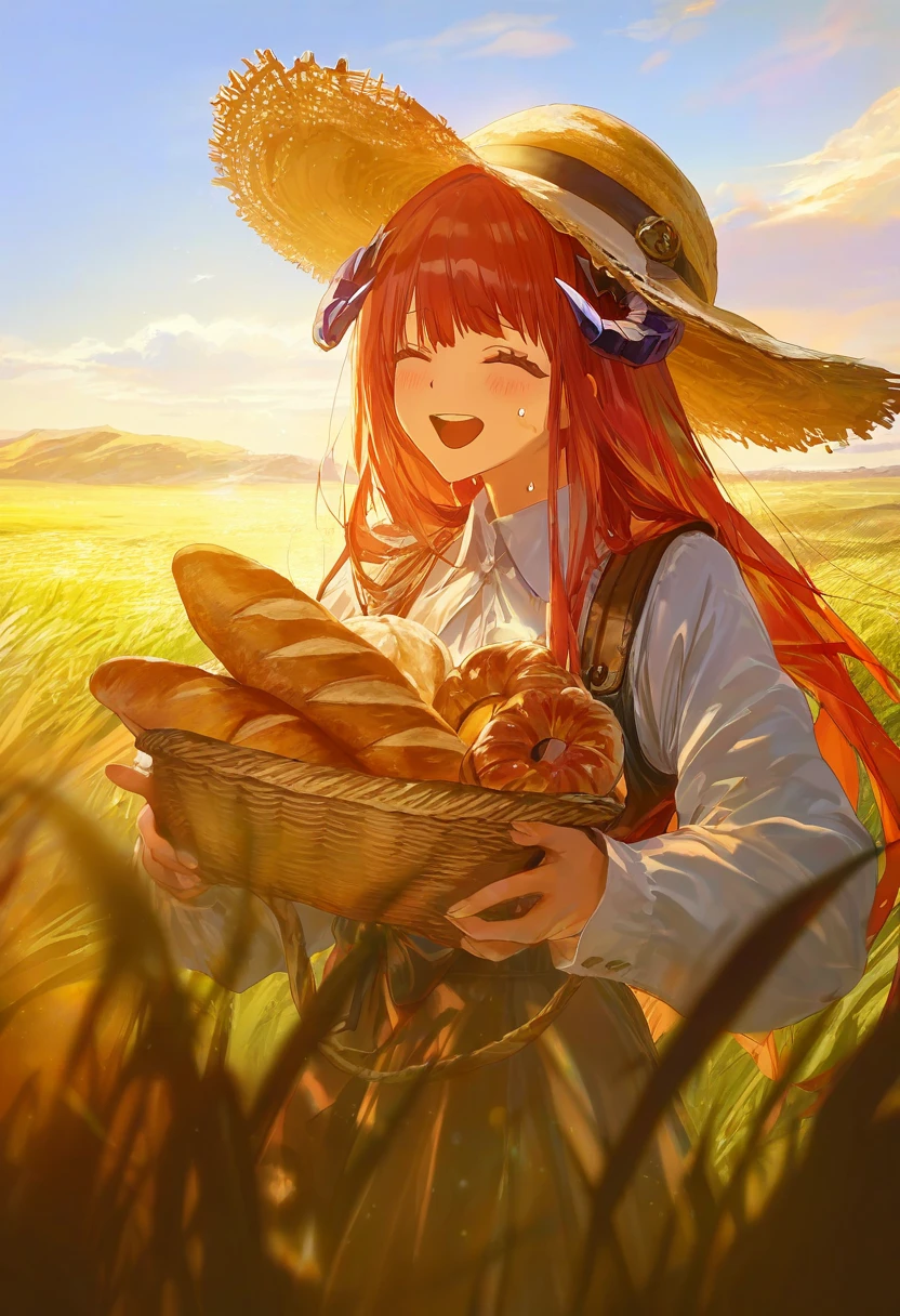 (konya karasue),modare Rella,banishment,(stu dts),(miv4t),(suzumi \(ccroquette\)),(rei \(sanbonzakura\)),(torino aqua), - 1girl,bagpipe \(arknights\),arknights,baguette,blush,bread,croissant,holding basket,pretzel,upper body,straw hat,field,sky,laughing,sweat,sunlight,