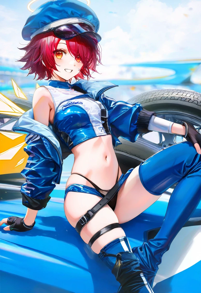 (Morikura En),Rella,[nanaken nana],u u zan,banishment,stu dts),[miv4t],[[wlop]] ((suzumi \(ccroquette\))),([rei \(sanbonzakura\)]),([torino aqua]),close-up, - 1girl,exusiai \(arknights\),arknights,black gloves,black panties,blue thigh boots,blue hat,blue jacket,long sleeves,race queen,thigh strap,thong,single bare shoulder,skindentation,tire,