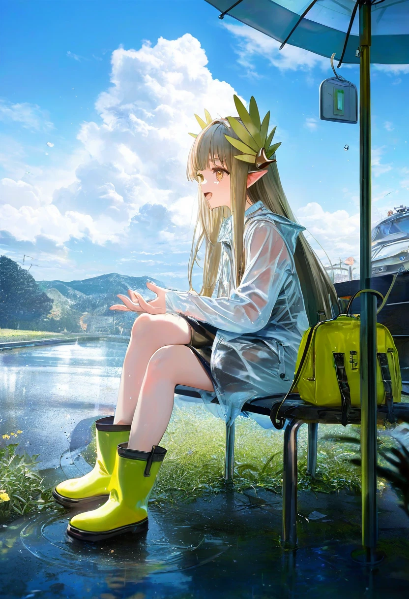 (Morikura En),Rella,[nanaken nana],u u zan,banishment,stu dts),[miv4t],[[wlop]] ((suzumi \(ccroquette\))),([rei \(sanbonzakura\)]),([torino aqua]),close-up, - 1girl,muelsyse \(arknights\),arknights,cloudy sky,grass,on bench,outdoors,rain,road,yellow rubber boots,see-through coat,sitting,transparent raincoat,water drop,