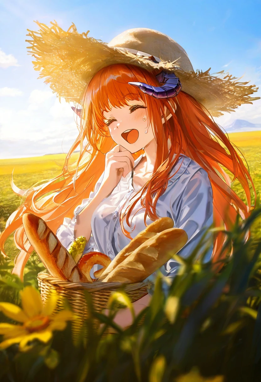 (Morikura En),Rella,[nanaken nana],u u zan,banishment,stu dts),[miv4t],[[wlop]] ((suzumi \(ccroquette\))),([rei \(sanbonzakura\)]),([torino aqua]),close-up, - 1girl,bagpipe \(arknights\),arknights,baguette,blush,bread,croissant,holding basket,pretzel,upper body,straw hat,field,sky,laughing,sweat,sunlight,