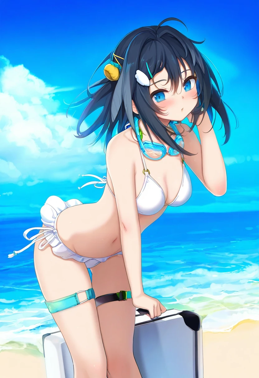 ((gusha s,kyokucho)),(kedama milk,amashiro natsuki),AS109, - 1girl,la pluma \(summer flowers\) \(arknights\),arknights,white bikini,outdoors,navel,day,sky,blue sky,beach,suitcase,looking at viewer,ocean,low-tied long hair,leaning forward,standing,holding,frills,hand up,bare shoulders,floating hair,