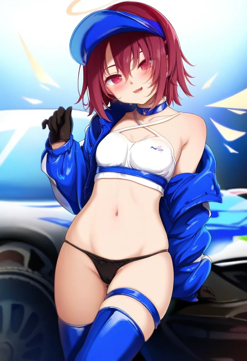 ((gusha s,kyokucho)),(kedama milk,amashiro natsuki),AS109, - 1girl,exusiai \(arknights\),arknights,black gloves,black panties,blue thigh boots,blue hat,blue jacket,long sleeves,race queen,thigh strap,thong,single bare shoulder,skindentation,tire,