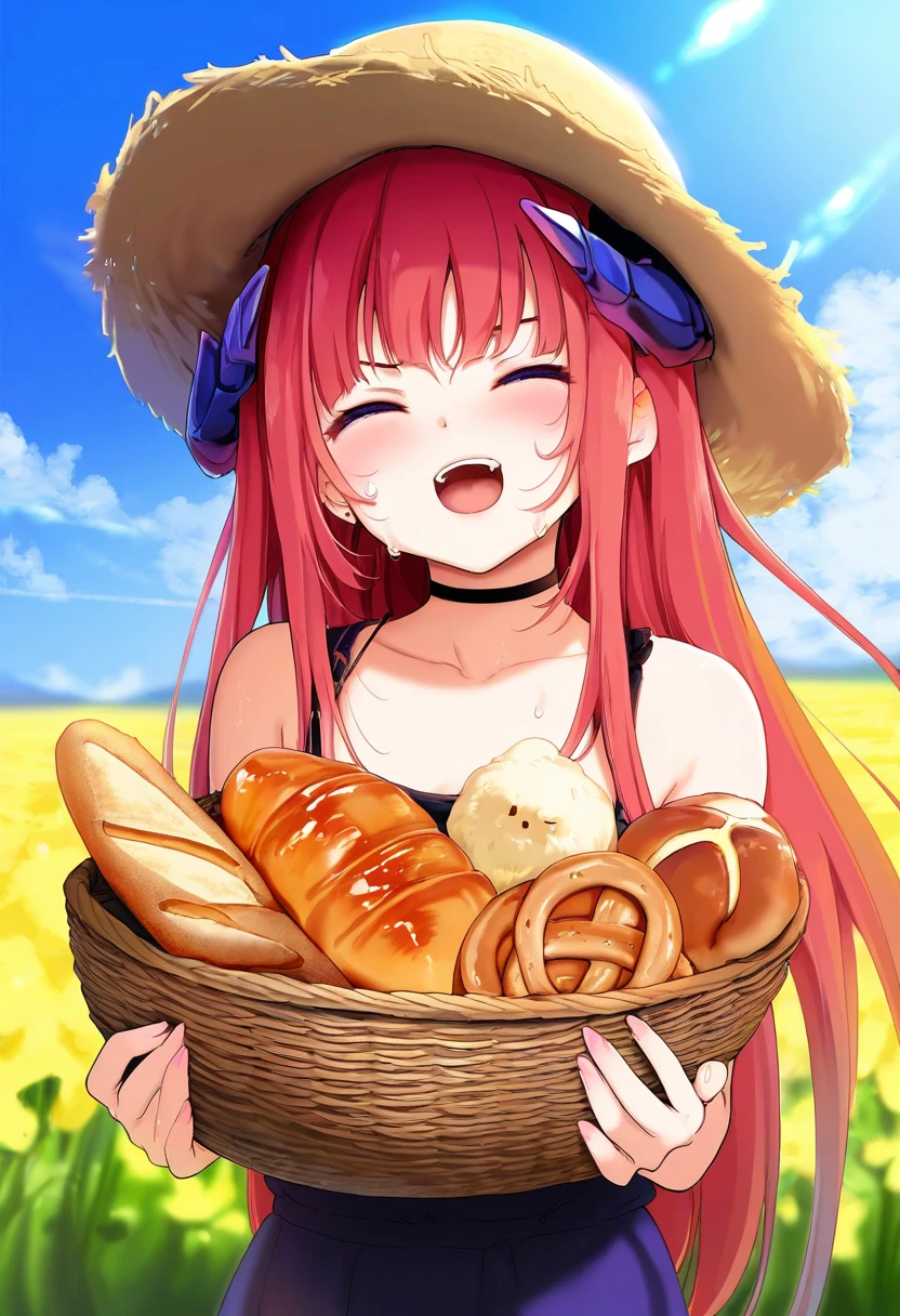 ((gusha s,kyokucho)),(kedama milk,amashiro natsuki),AS109, - 1girl,bagpipe \(arknights\),arknights,baguette,blush,bread,croissant,holding basket,pretzel,upper body,straw hat,field,sky,laughing,sweat,sunlight,