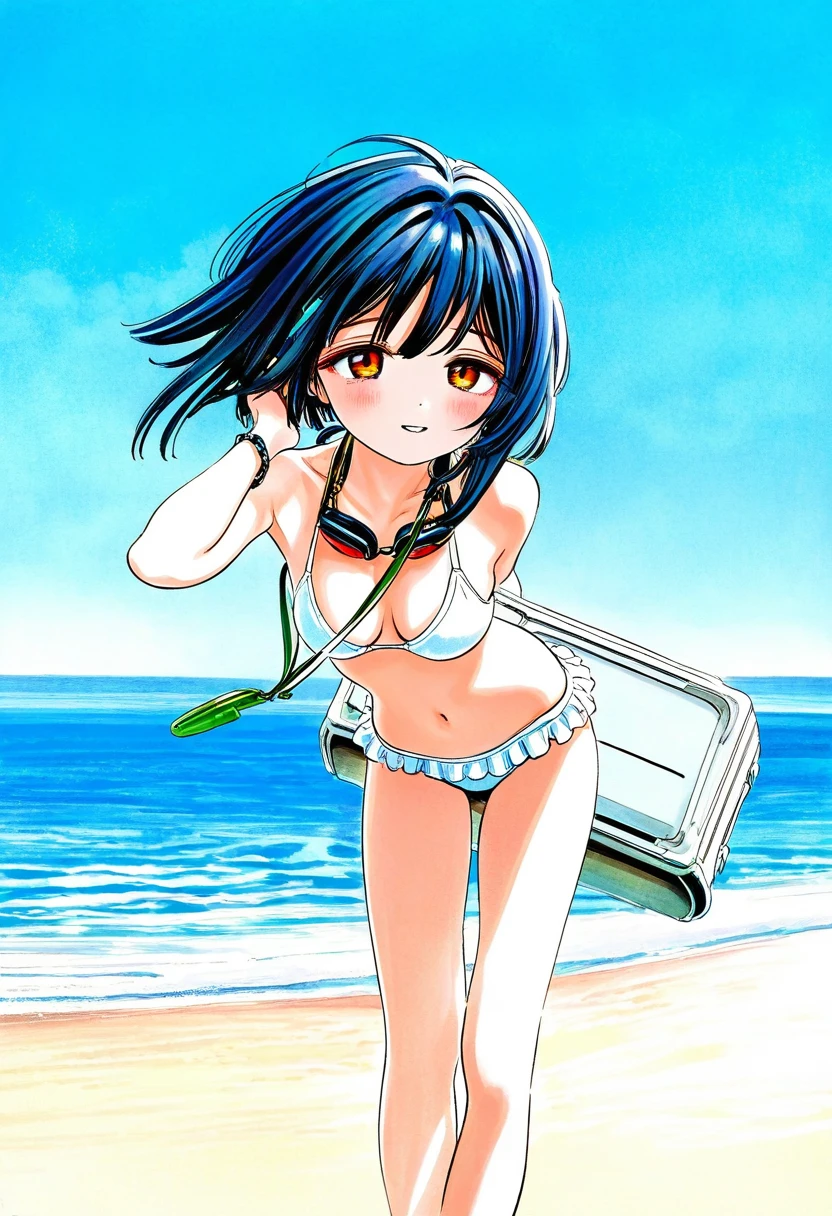 ((((hiro \(dismaless\),kotobuki utage)))),hitomaru,[[Kyokucho,murata range]],close-up, - 1girl,la pluma \(summer flowers\) \(arknights\),arknights,white bikini,outdoors,navel,day,sky,blue sky,beach,suitcase,looking at viewer,ocean,low-tied long hair,leaning forward,standing,holding,frills,hand up,bare shoulders,floating hair,