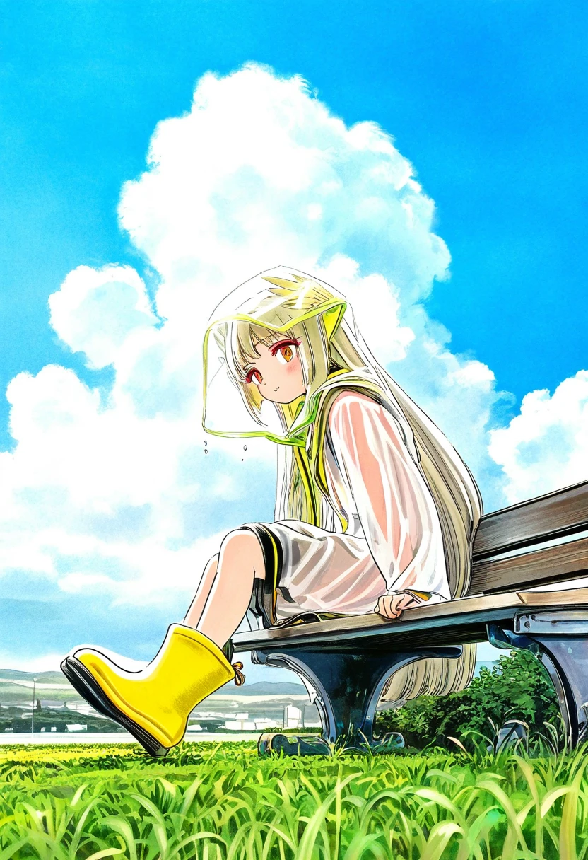 ((((hiro \(dismaless\),kotobuki utage)))),hitomaru,[[Kyokucho,murata range]],close-up, - 1girl,muelsyse \(arknights\),arknights,cloudy sky,grass,on bench,outdoors,rain,road,yellow rubber boots,see-through coat,sitting,transparent raincoat,water drop,