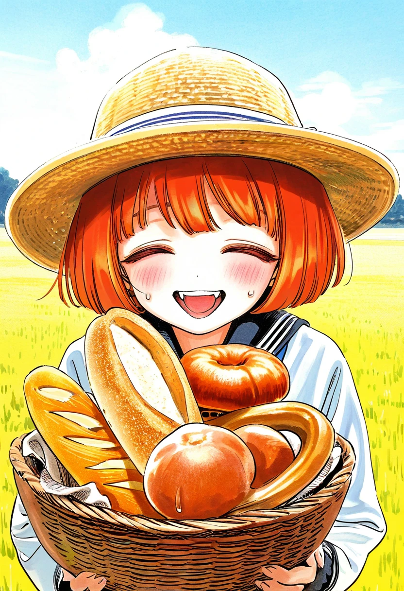 ((((hiro \(dismaless\),kotobuki utage)))),hitomaru,[[Kyokucho,murata range]],close-up, - 1girl,bagpipe \(arknights\),arknights,baguette,blush,bread,croissant,holding basket,pretzel,upper body,straw hat,field,sky,laughing,sweat,sunlight,