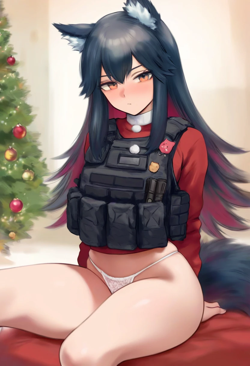 [[[[[shpo]]]]],[[[[[[[[[[cutesexyrobutts]]]]]]]]]], - 1girl,texas \(arknights\),arknights,underwear,tactical vest,christmas tree,christmas ornaments,