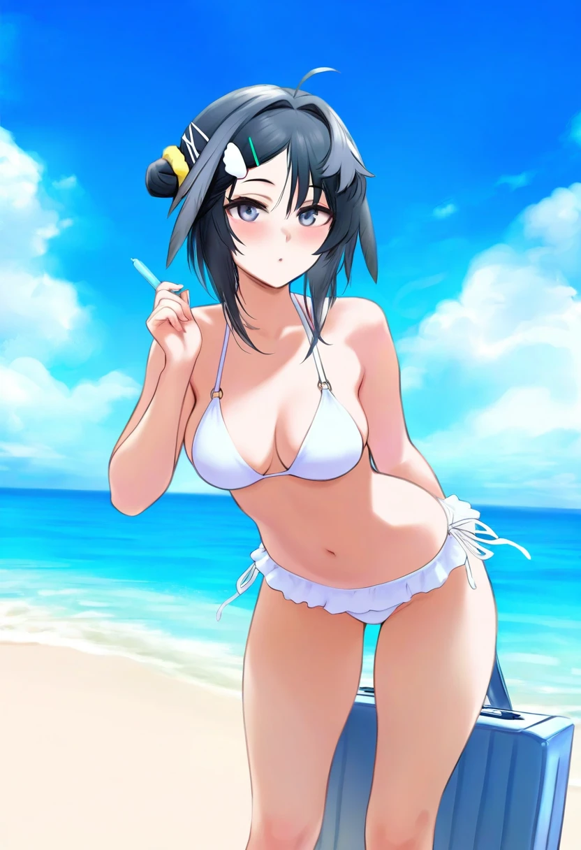 [[[[[shpo]]]]],[[[[[[[[[[cutesexyrobutts]]]]]]]]]], - 1girl,la pluma \(summer flowers\) \(arknights\),arknights,white bikini,outdoors,navel,day,sky,blue sky,beach,suitcase,looking at viewer,ocean,low-tied long hair,leaning forward,standing,holding,frills,hand up,bare shoulders,floating hair,