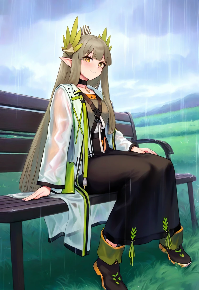 [[[[[shpo]]]]],[[[[[[[[[[cutesexyrobutts]]]]]]]]]], - 1girl,muelsyse \(arknights\),arknights,cloudy sky,grass,on bench,outdoors,rain,road,yellow rubber boots,see-through coat,sitting,transparent raincoat,water drop,