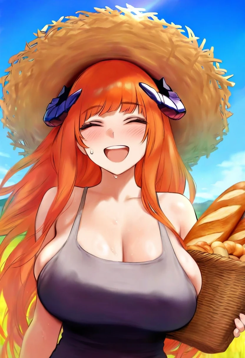 [[[[[shpo]]]]],[[[[[[[[[[cutesexyrobutts]]]]]]]]]], - 1girl,bagpipe \(arknights\),arknights,baguette,blush,bread,croissant,holding basket,pretzel,upper body,straw hat,field,sky,laughing,sweat,sunlight,