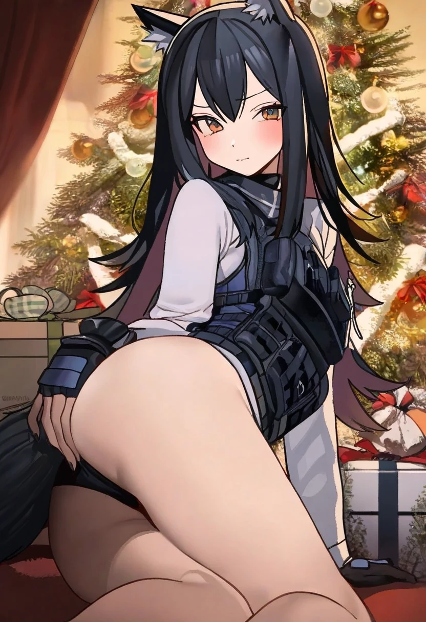[[akakura]],[umishima senbon],((kamitoge supino)),[[gsusart]],joman,kitaku \(nakamachi machi\),[shugao],(mandrill), - 1girl,texas \(arknights\),arknights,underwear,tactical vest,christmas tree,christmas ornaments,