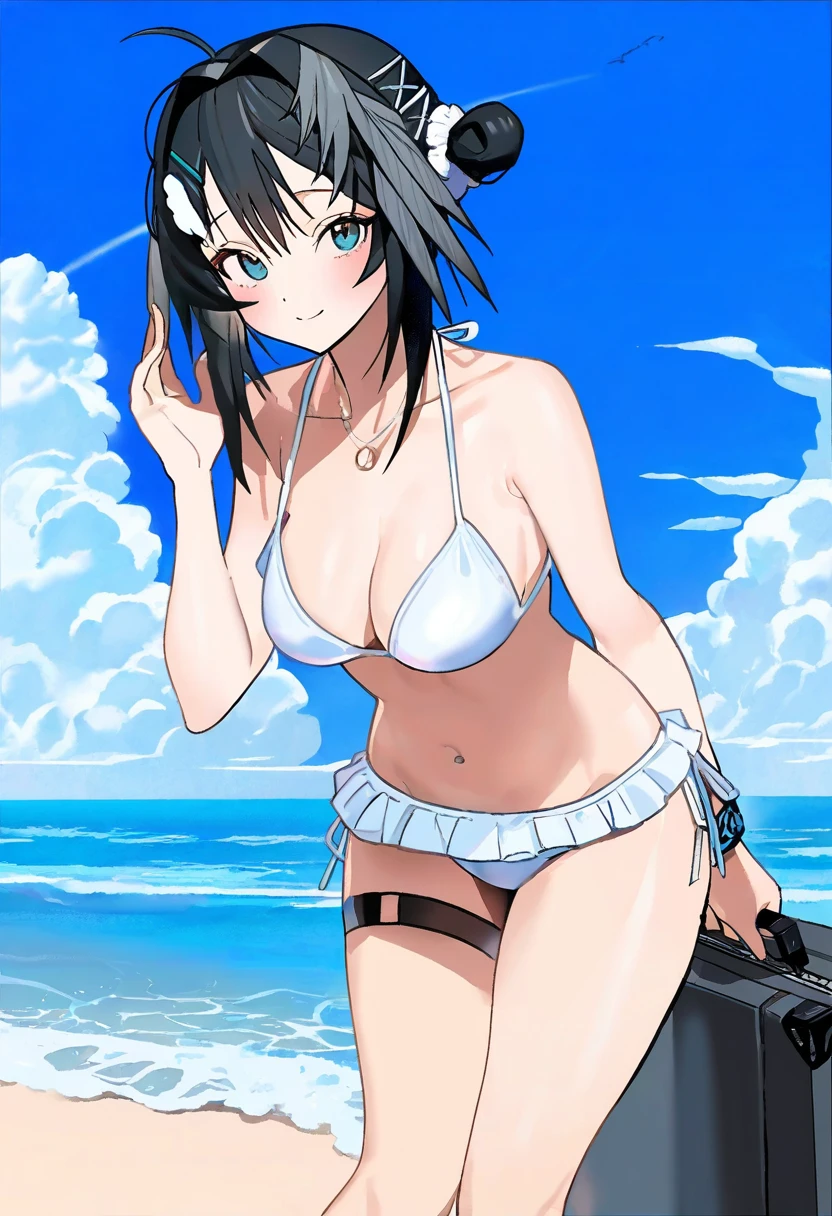 [[akakura]],[umishima senbon],((kamitoge supino)),[[gsusart]],joman,kitaku \(nakamachi machi\),[shugao],(mandrill), - 1girl,la pluma \(summer flowers\) \(arknights\),arknights,white bikini,outdoors,navel,day,sky,blue sky,beach,suitcase,looking at viewer,ocean,low-tied long hair,leaning forward,standing,holding,frills,hand up,bare shoulders,floating hair,