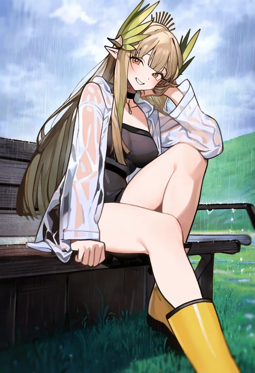 [[akakura]],[umishima senbon],((kamitoge supino)),[[gsusart]],joman,kitaku \(nakamachi machi\),[shugao],(mandrill), - 1girl,muelsyse \(arknights\),arknights,cloudy sky,grass,on bench,outdoors,rain,road,yellow rubber boots,see-through coat,sitting,transparent raincoat,water drop,