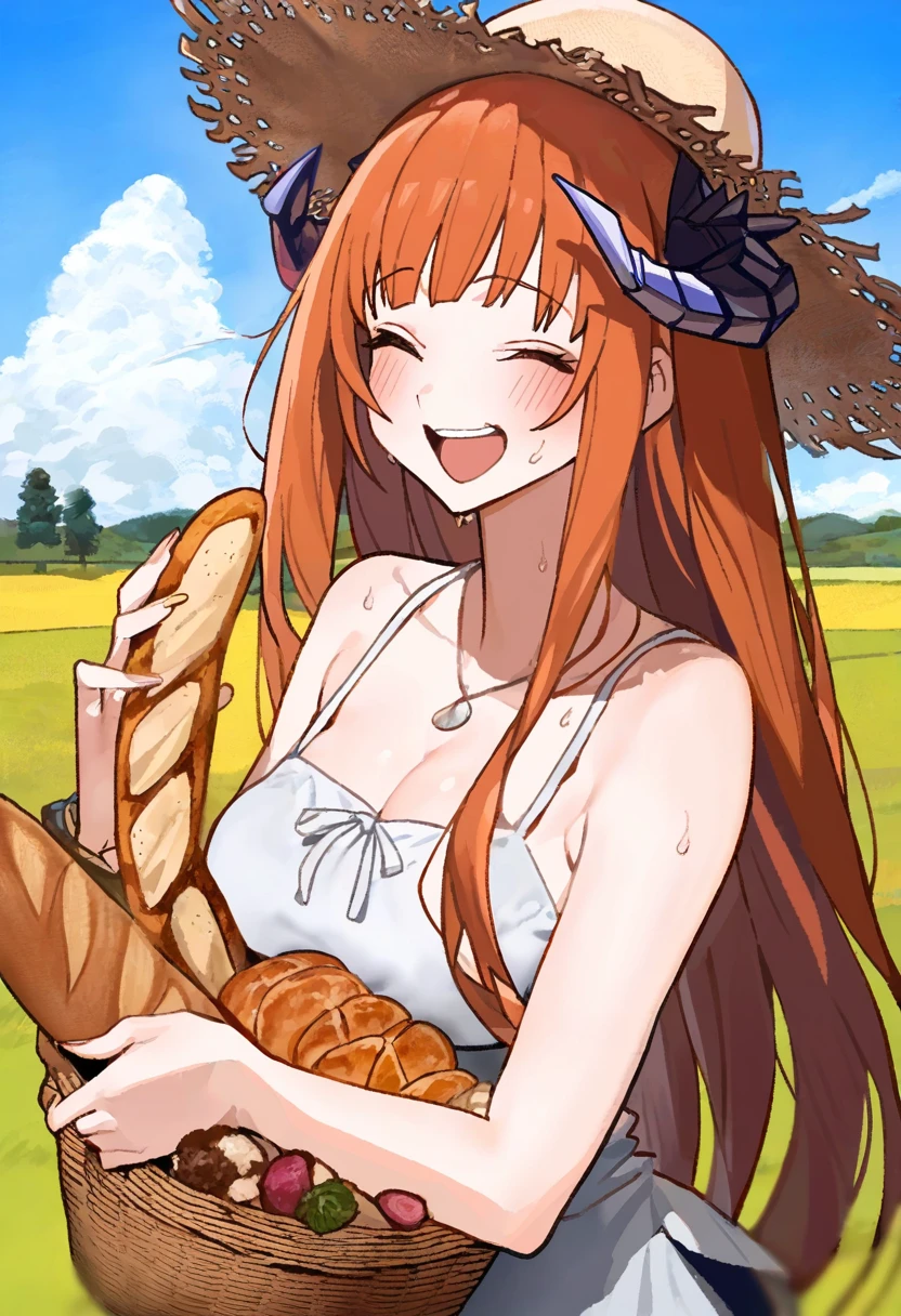 [[akakura]],[umishima senbon],((kamitoge supino)),[[gsusart]],joman,kitaku \(nakamachi machi\),[shugao],(mandrill), - 1girl,bagpipe \(arknights\),arknights,baguette,blush,bread,croissant,holding basket,pretzel,upper body,straw hat,field,sky,laughing,sweat,sunlight,