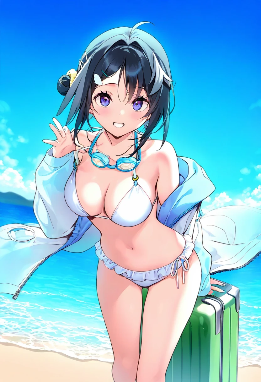 [[kantoku]],[[parsley-f]],[yd \(orange maru\)],(u u zan),komeshiro kasu,[[maett]],(dsmile),fuya \(tempupupu\), - 1girl,la pluma \(summer flowers\) \(arknights\),arknights,white bikini,outdoors,navel,day,sky,blue sky,beach,suitcase,looking at viewer,ocean,low-tied long hair,leaning forward,standing,holding,frills,hand up,bare shoulders,floating hair,