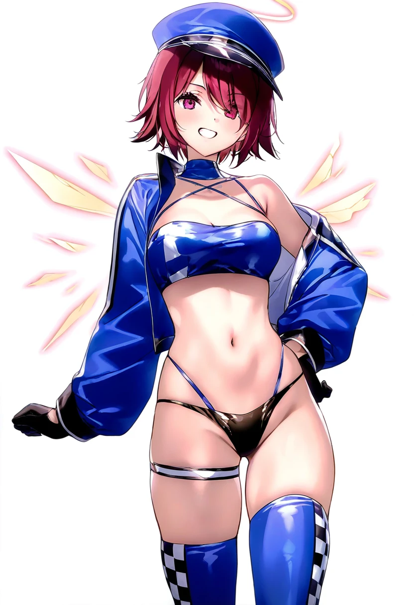 [[kantoku]],[[parsley-f]],[yd \(orange maru\)],(u u zan),komeshiro kasu,[[maett]],(dsmile),fuya \(tempupupu\), - 1girl,exusiai \(arknights\),arknights,black gloves,black panties,blue thigh boots,blue hat,blue jacket,long sleeves,race queen,thigh strap,thong,single bare shoulder,skindentation,tire,