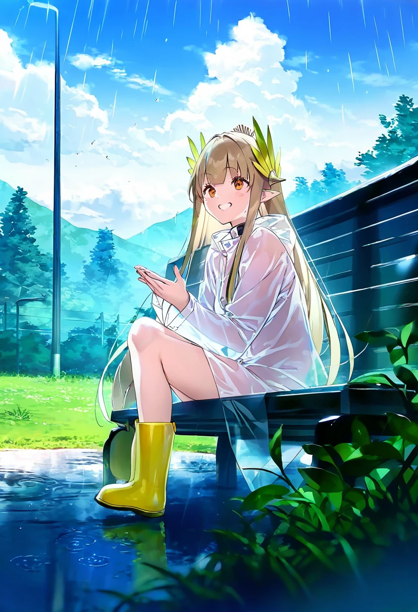 [[kantoku]],[[parsley-f]],[yd \(orange maru\)],(u u zan),komeshiro kasu,[[maett]],(dsmile),fuya \(tempupupu\), - 1girl,muelsyse \(arknights\),arknights,cloudy sky,grass,on bench,outdoors,rain,road,yellow rubber boots,see-through coat,sitting,transparent raincoat,water drop,