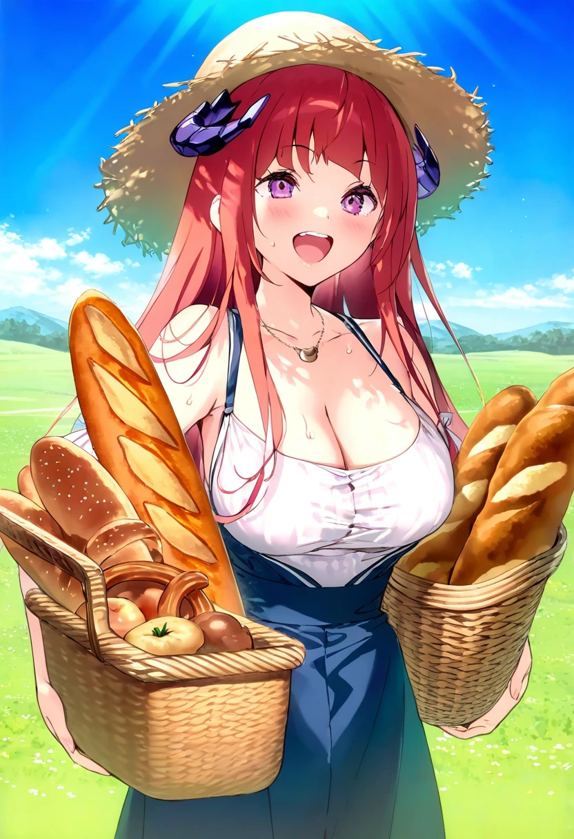 [[kantoku]],[[parsley-f]],[yd \(orange maru\)],(u u zan),komeshiro kasu,[[maett]],(dsmile),fuya \(tempupupu\), - 1girl,bagpipe \(arknights\),arknights,baguette,blush,bread,croissant,holding basket,pretzel,upper body,straw hat,field,sky,laughing,sweat,sunlight,