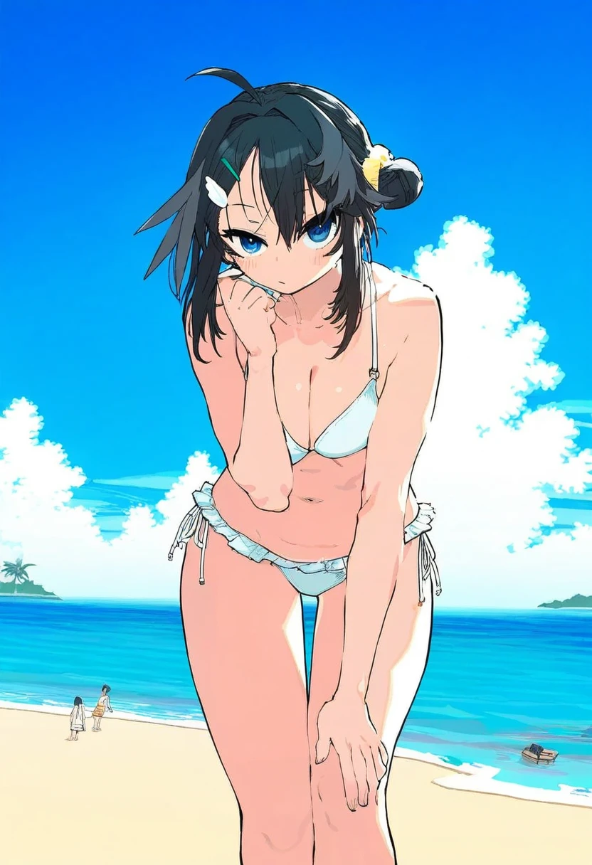 [[mo \(kireinamo\)]],((maki keigo)),[ningen mame],[maeshima shigeki],(ssambatea),(ebimomo),[[miyoshi yoshimi]],[[azuuru]], - 1girl,la pluma \(summer flowers\) \(arknights\),arknights,white bikini,outdoors,navel,day,sky,blue sky,beach,suitcase,looking at viewer,ocean,low-tied long hair,leaning forward,standing,holding,frills,hand up,bare shoulders,floating hair,