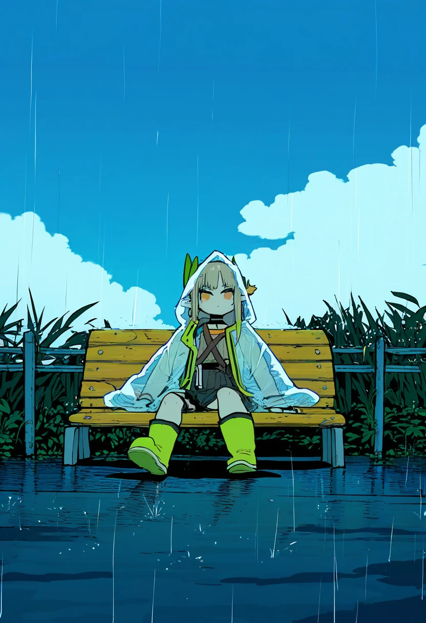 [[mo \(kireinamo\)]],((maki keigo)),[ningen mame],[maeshima shigeki],(ssambatea),(ebimomo),[[miyoshi yoshimi]],[[azuuru]], - 1girl,muelsyse \(arknights\),arknights,cloudy sky,grass,on bench,outdoors,rain,road,yellow rubber boots,see-through coat,sitting,transparent raincoat,water drop,